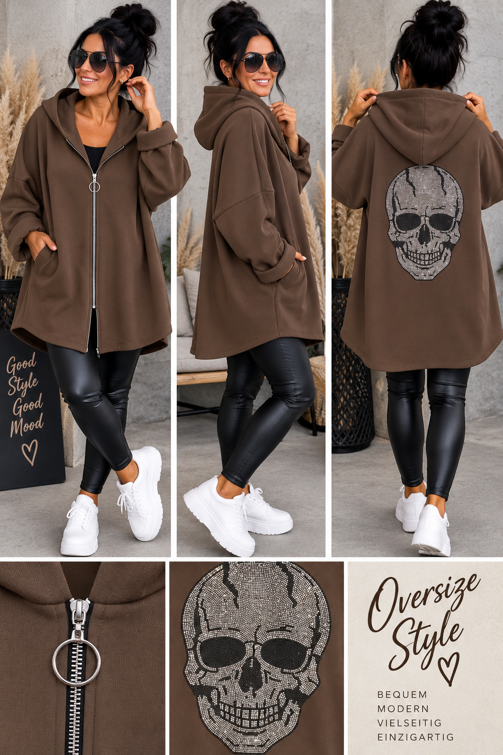 Oversize Sweatjacke „Skull Glam“ mit Kapuze & Glitzer-Totenkopf
