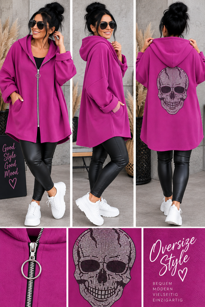 Oversize Sweatjacke „Skull Glam“ mit Kapuze & Glitzer-Totenkopf