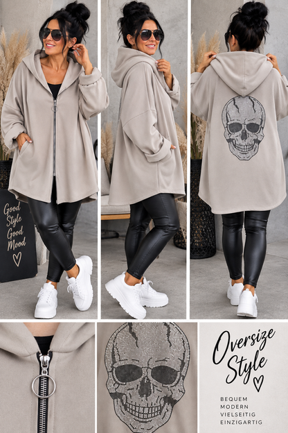 Oversize Sweatjacke „Skull Glam“ mit Kapuze & Glitzer-Totenkopf