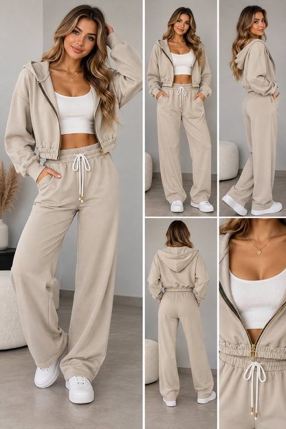 Damen 3-Teiler Set – Kapuzenjacke, Crop-Top & Wide-Leg-Hose