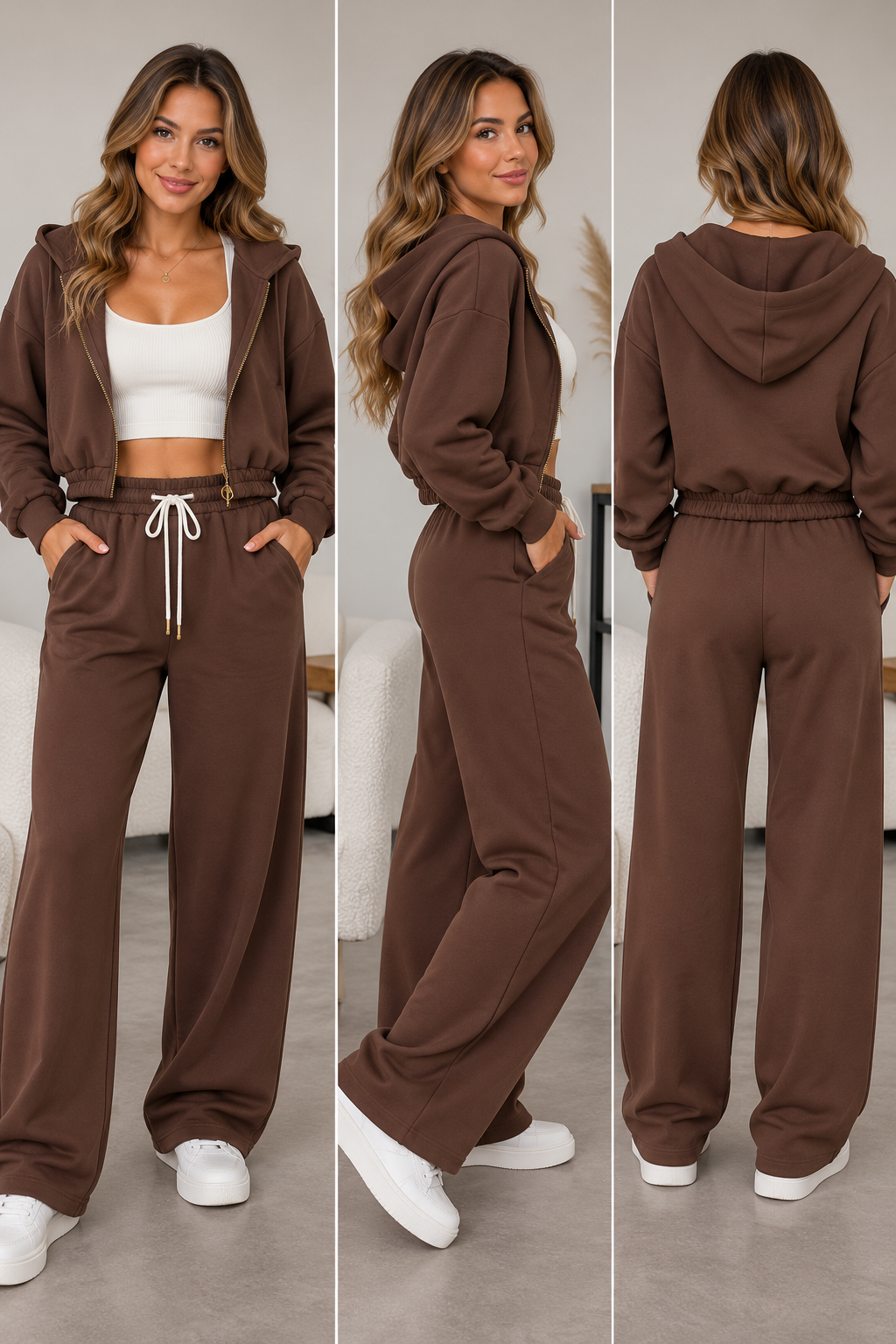 Damen 3-Teiler Set – Kapuzenjacke, Crop-Top & Wide-Leg-Hose